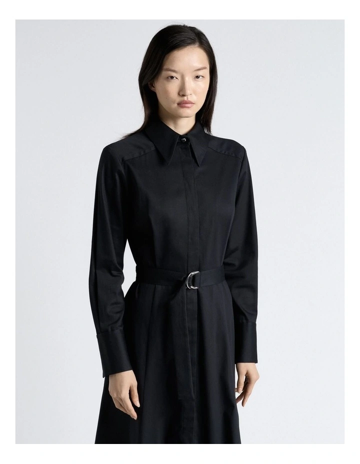 Stretch Sateen Belted Shirt Dress in Black image 3