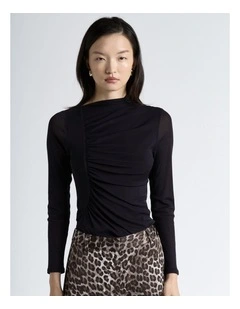 Ruched Mesh Long Sleeve Top in Black