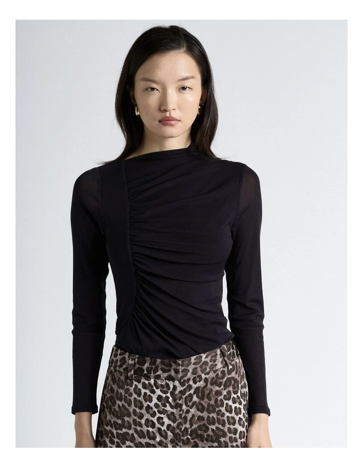 Ruched Mesh Long Sleeve Top in Black image 1