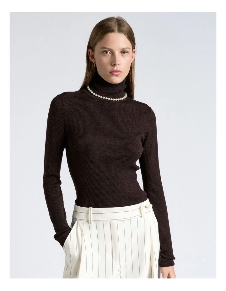 Merino Turtle Neck Ribbed Knit Top in Brown image 1