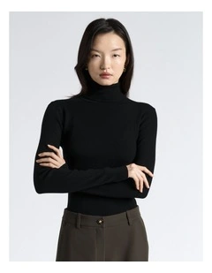 Merino Turtle Neck Ribbed Knit Top in Black
