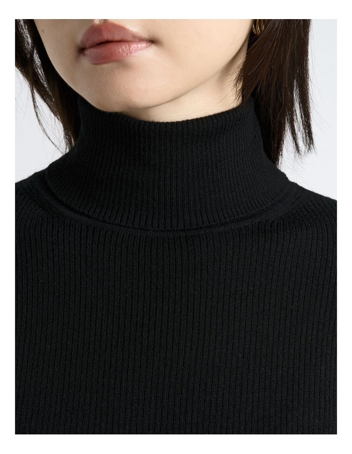 Merino Turtle Neck Ribbed Knit Top in Black image 3