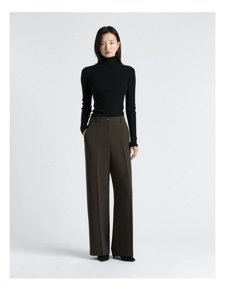 Merino Turtle Neck Ribbed Knit Top in Black image 4