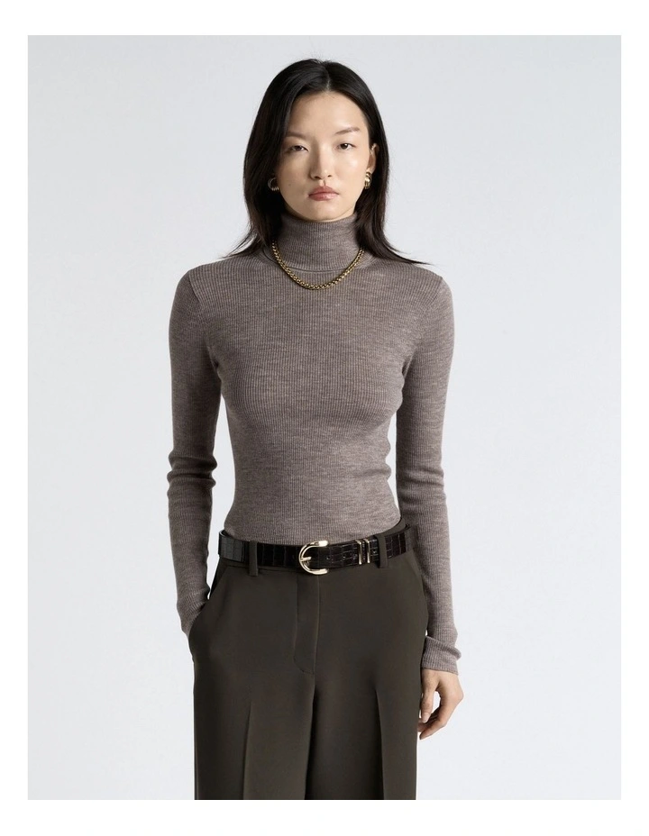 Merino Turtle Neck Ribbed Knit Top in Grey image 1