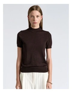 Merino Short Sleeve Mock Neck Knit Top in Brown
