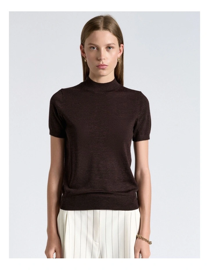 Merino Short Sleeve Mock Neck Knit Top in Brown image 1