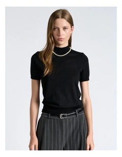 Merino Short Sleeve Mock Neck Knit Top in Black