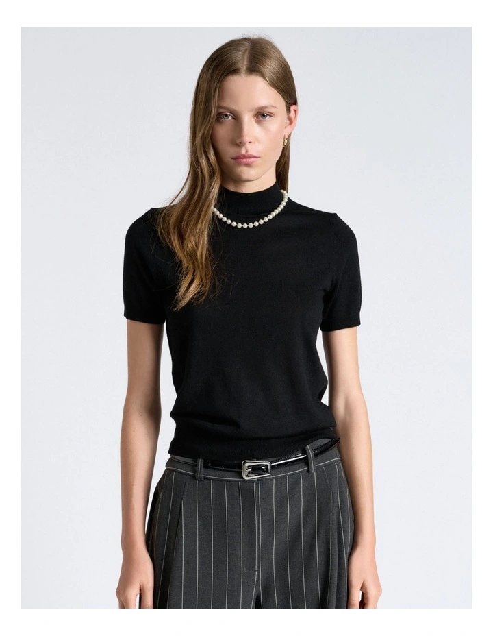 Merino Short Sleeve Mock Neck Knit Top in Black image 1