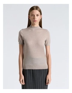 Merino Short Sleeve Mock Neck Knit Top in Grey