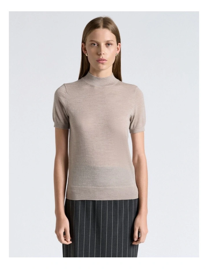 Merino Short Sleeve Mock Neck Knit Top in Grey image 1