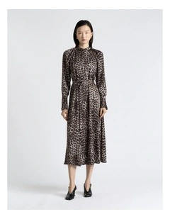 Leopard Viscose Satin Belted Midi Dress in Brown