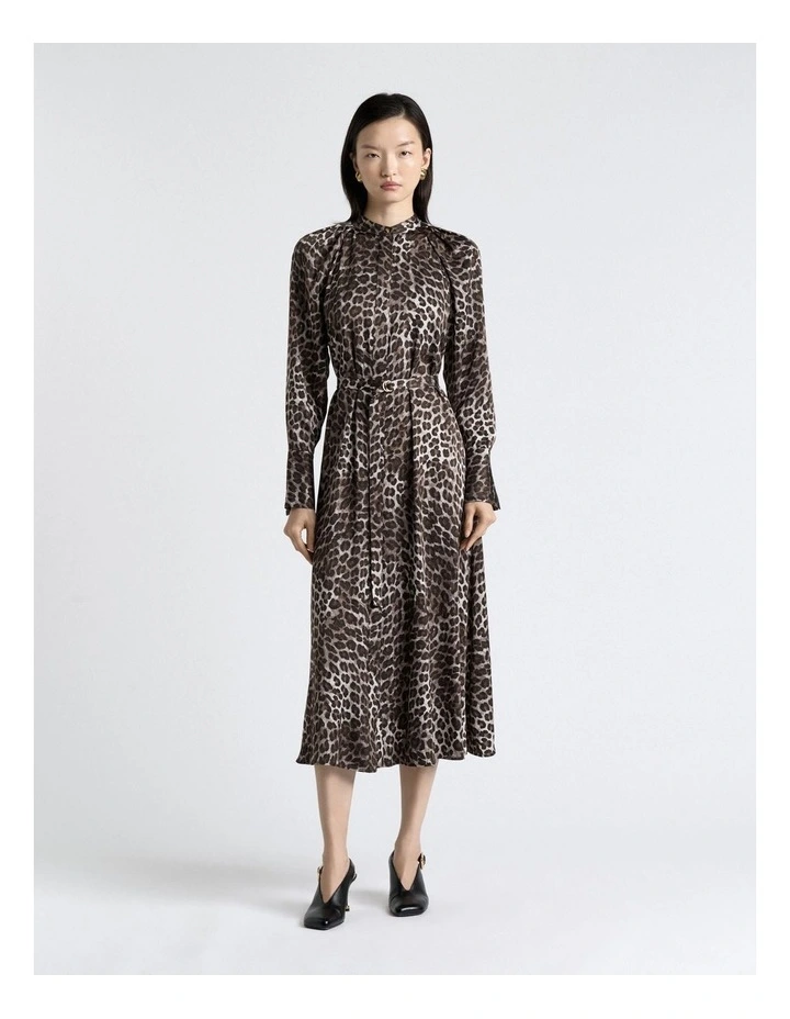 Leopard Viscose Satin Belted Midi Dress in Brown image 1