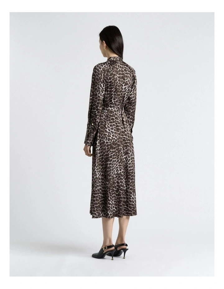 Leopard Viscose Satin Belted Midi Dress in Brown image 2