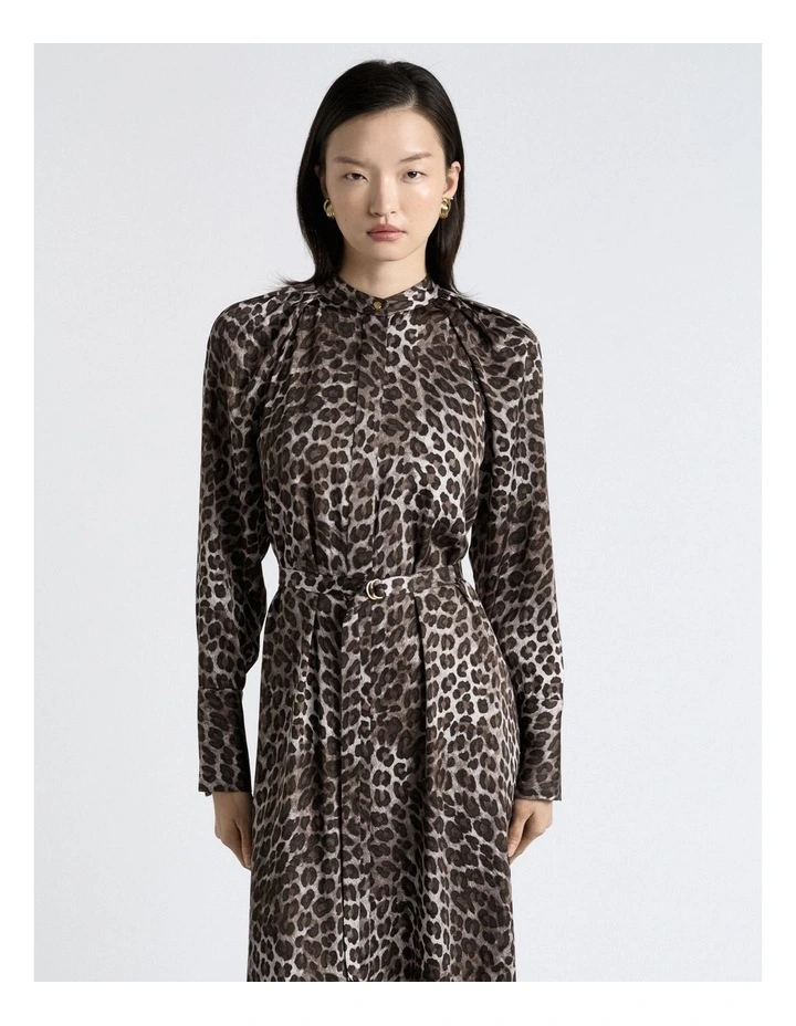 Leopard Viscose Satin Belted Midi Dress in Brown image 3
