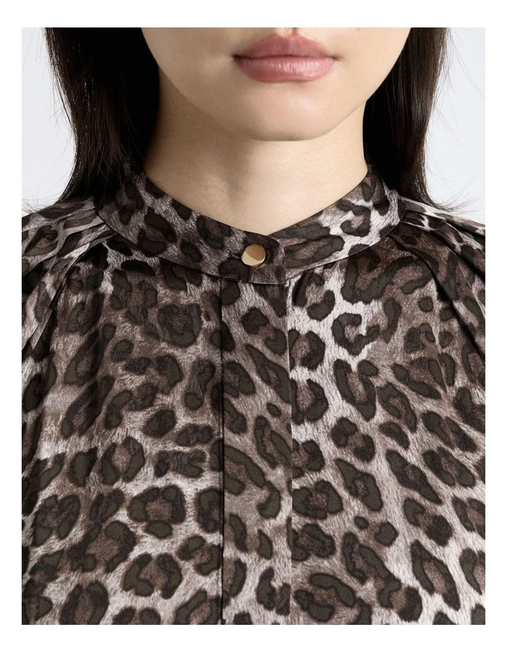 Leopard Viscose Satin Belted Midi Dress in Brown image 4