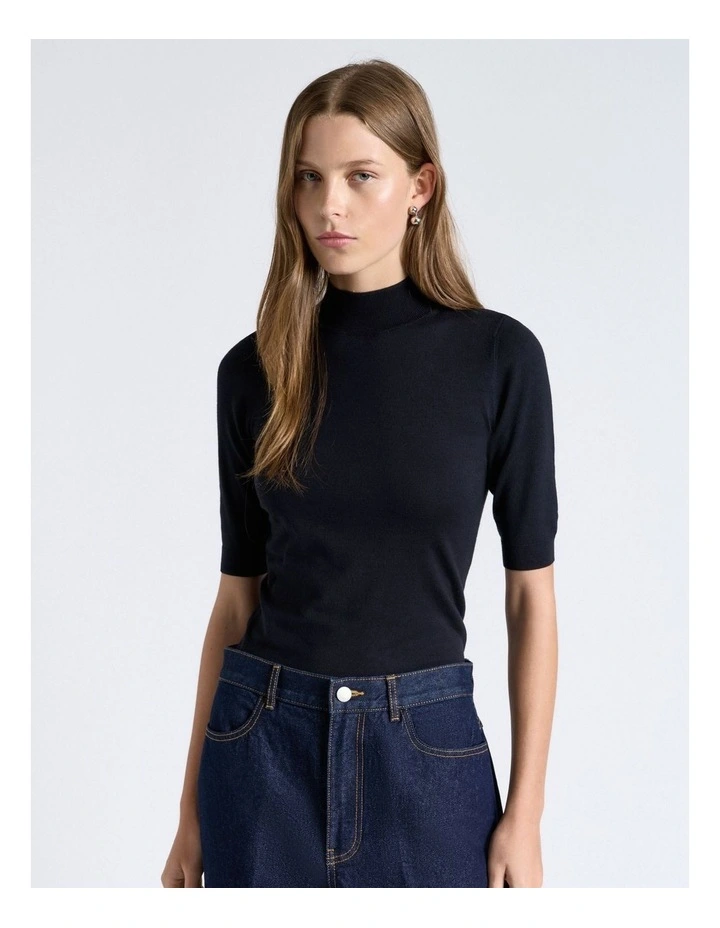 Elbow Sleeve Funnel Neck Knit in Ink image 3