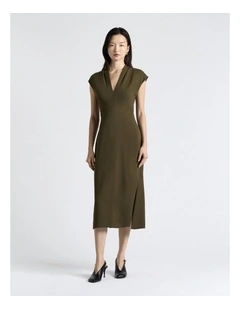 Stretch Crepe V-Neck Midi Dress in Khaki