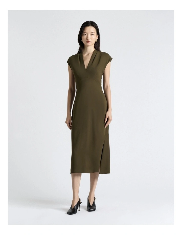 Stretch Crepe V-Neck Midi Dress in Khaki image 1