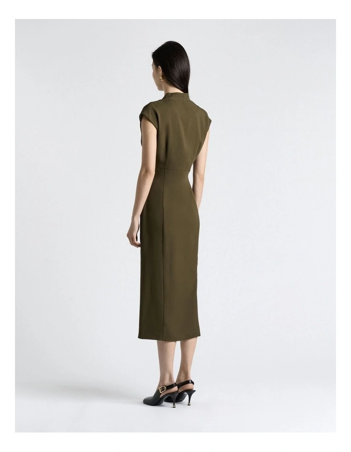 Stretch Crepe V-Neck Midi Dress in Khaki image 2