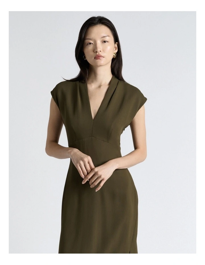 Stretch Crepe V-Neck Midi Dress in Khaki image 3