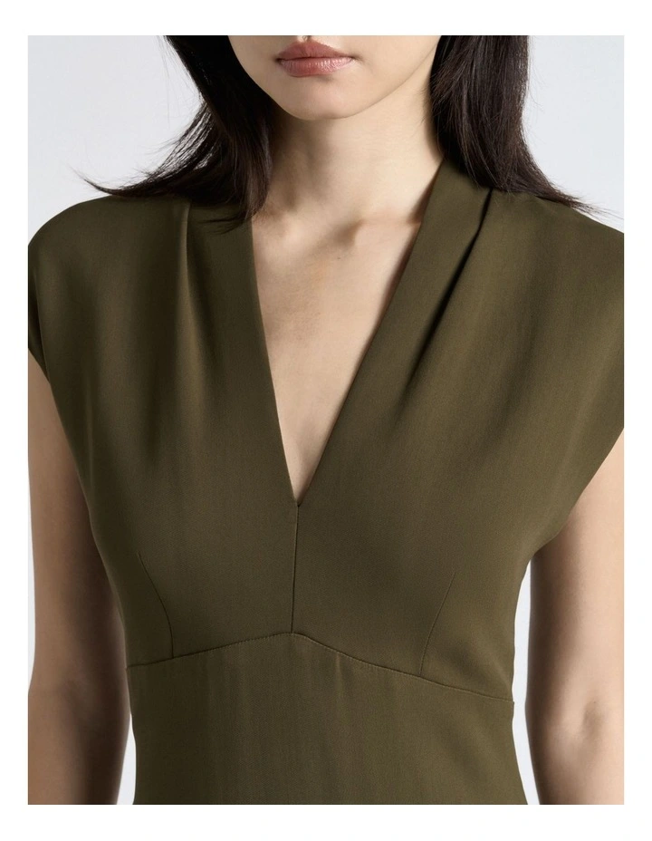 Stretch Crepe V-Neck Midi Dress in Khaki image 4