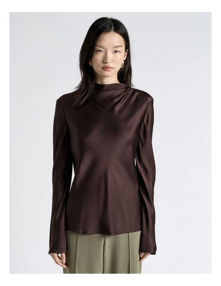 Coffee Satin Long Sleeve Top in Brown image 1