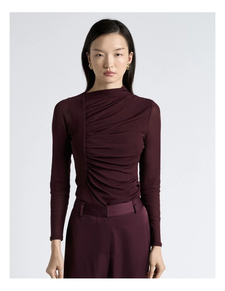 Ruched Mesh Long Sleeve Top in Brown image 3