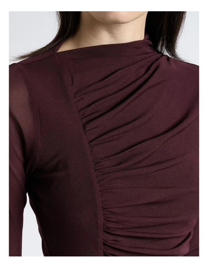 Ruched Mesh Long Sleeve Top in Brown image 4