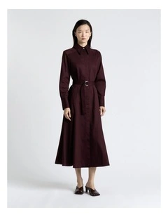 Wine Stretch Sateen Belted Shirt Dress in Brown