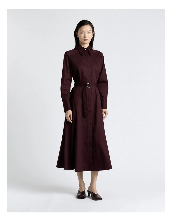 Wine Stretch Sateen Belted Shirt Dress in Brown image 1