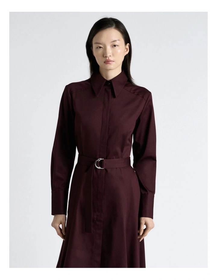 Wine Stretch Sateen Belted Shirt Dress in Brown image 3