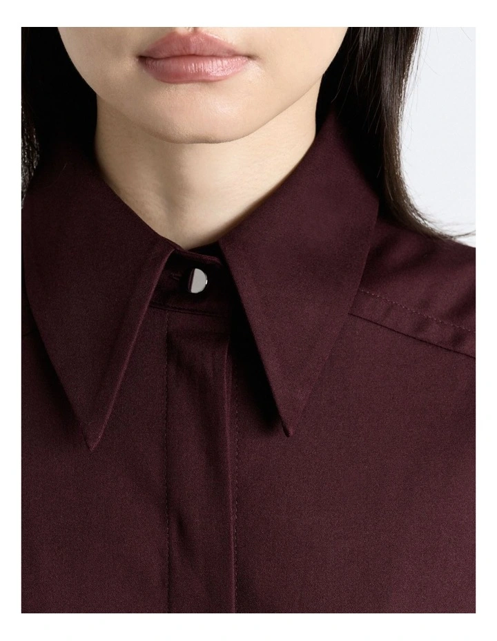 Wine Stretch Sateen Belted Shirt Dress in Brown image 4