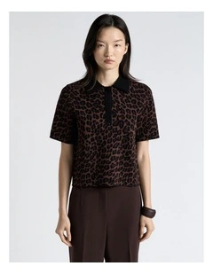 Milano Leopard Jacquard Polo Top in Brown