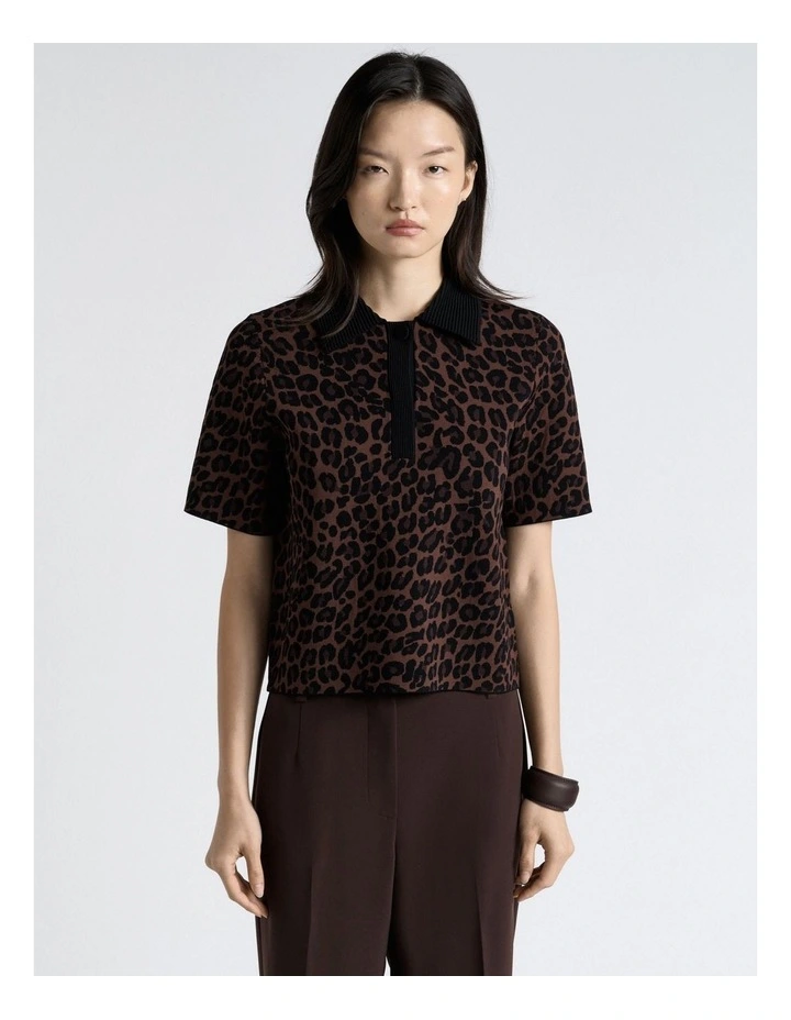 Milano Leopard Jacquard Polo Top in Brown image 1