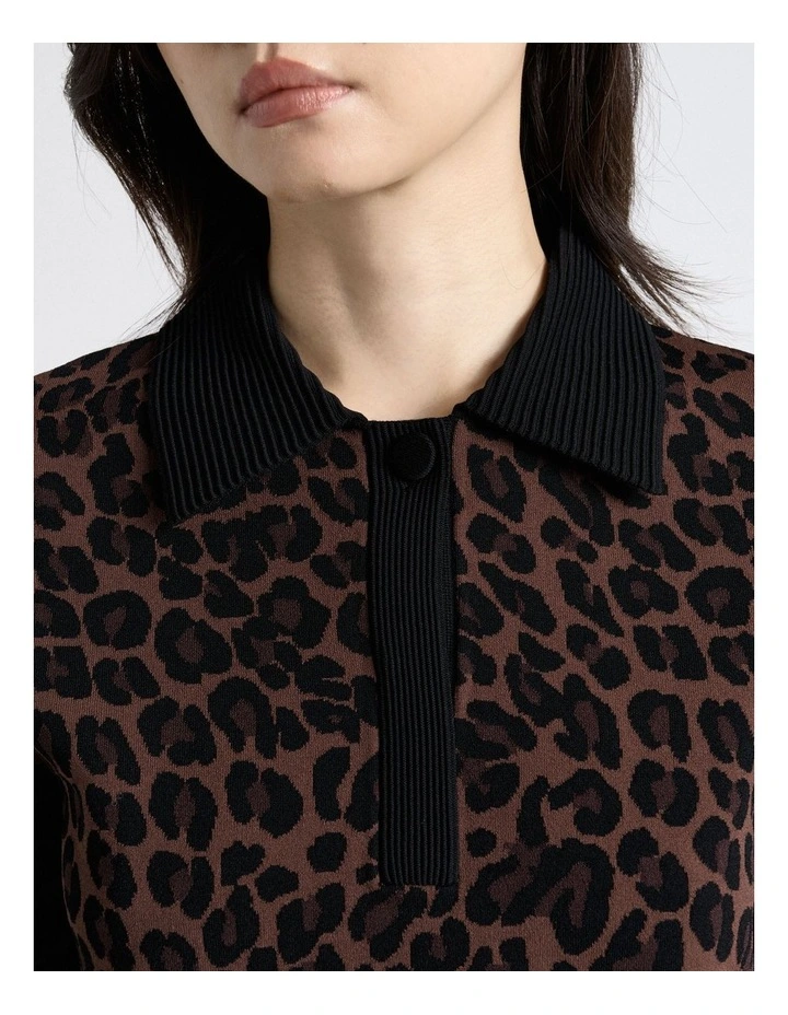 Milano Leopard Jacquard Polo Top in Brown image 4