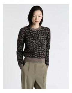 Brushed Alpaca Wool Blend Leopard Knit Top in Grey
