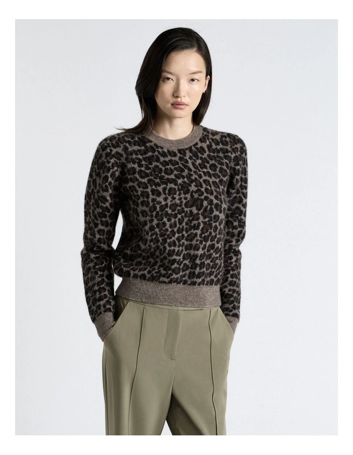 Brushed Alpaca Wool Blend Leopard Knit Top in Grey image 1