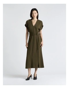 Stretch Crepe Midi Dress in Khaki