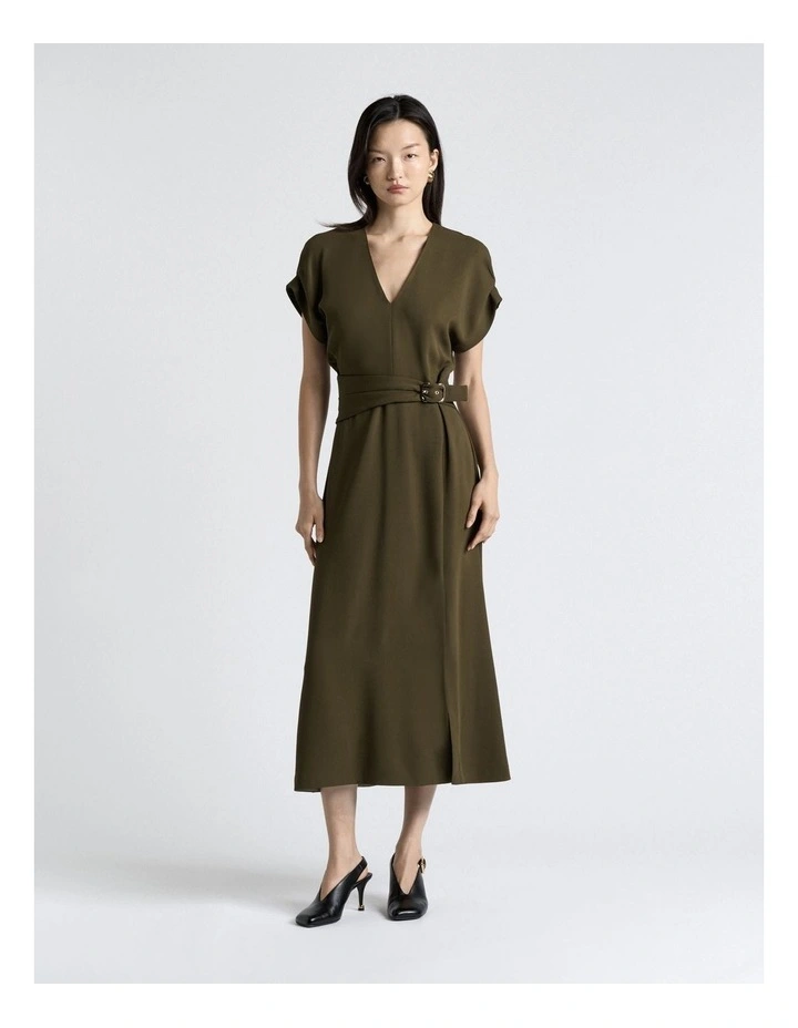 Stretch Crepe Midi Dress in Khaki image 1