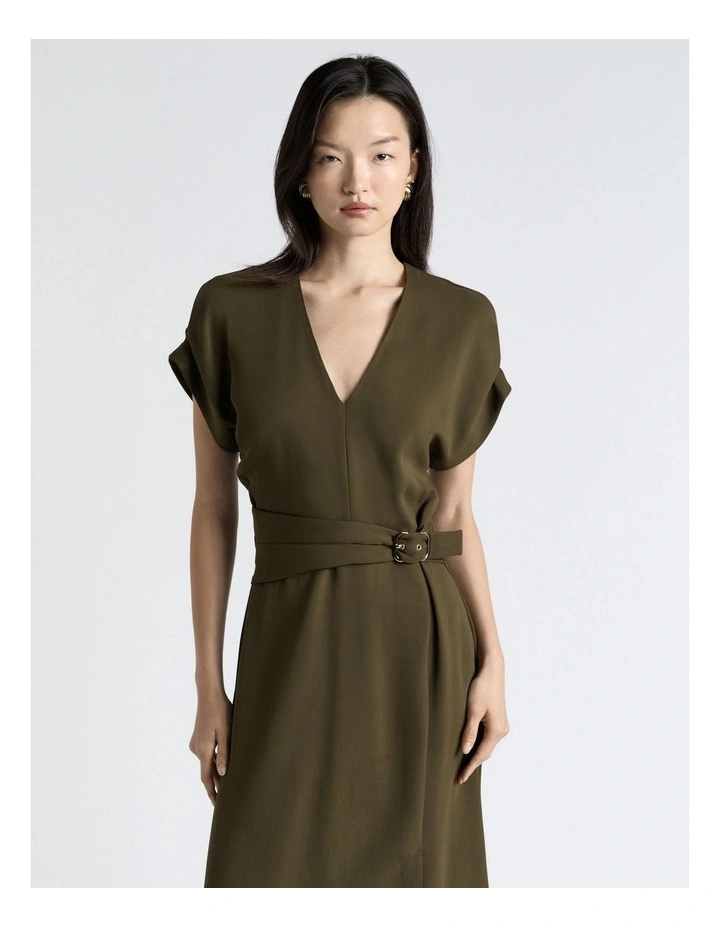 Stretch Crepe Midi Dress in Khaki image 3