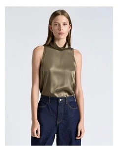 Light Khaki Satin Funnel Neck Top