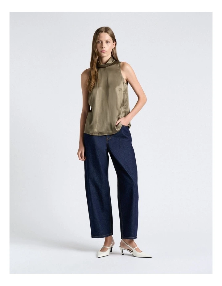 Light Khaki Satin Funnel Neck Top image 3