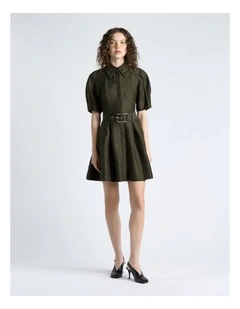 Linen Blend Mini Dress in Khaki