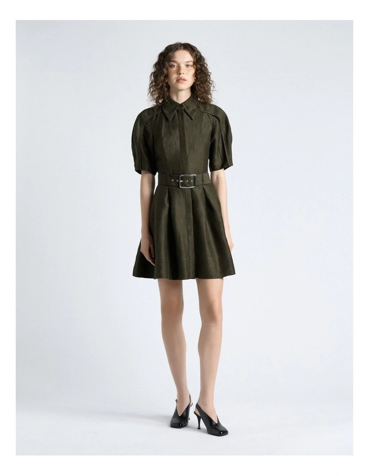 Linen Blend Mini Dress in Khaki image 1