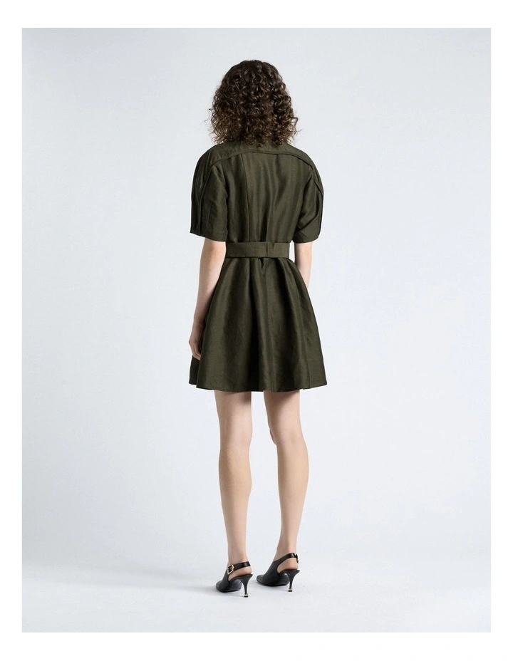 Linen Blend Mini Dress in Khaki image 2