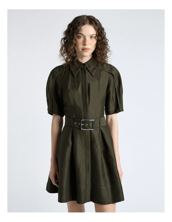 Linen Blend Mini Dress in Khaki image 3