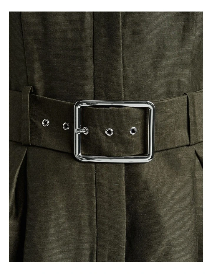 Linen Blend Mini Dress in Khaki image 4