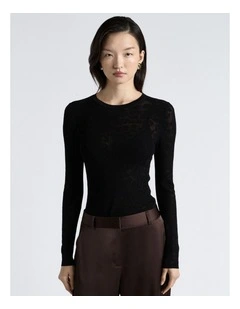 Lace Knit Long Sleeve Tee in Black