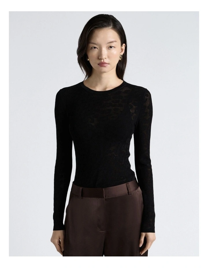 Lace Knit Long Sleeve Tee in Black image 1