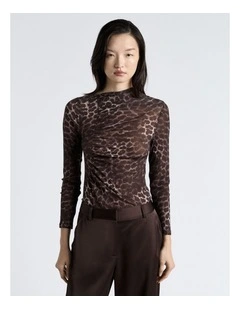 Leopard Ruched Mesh Long Sleeve Top in Brown